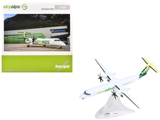 Bombardier Q400 Commercial Aircraft "Sky Alps" (9H - PAUL) White with Green Tail Graphics 1/200 Diecast Model by Herpa free shipping USA - Rapid Vehicles
