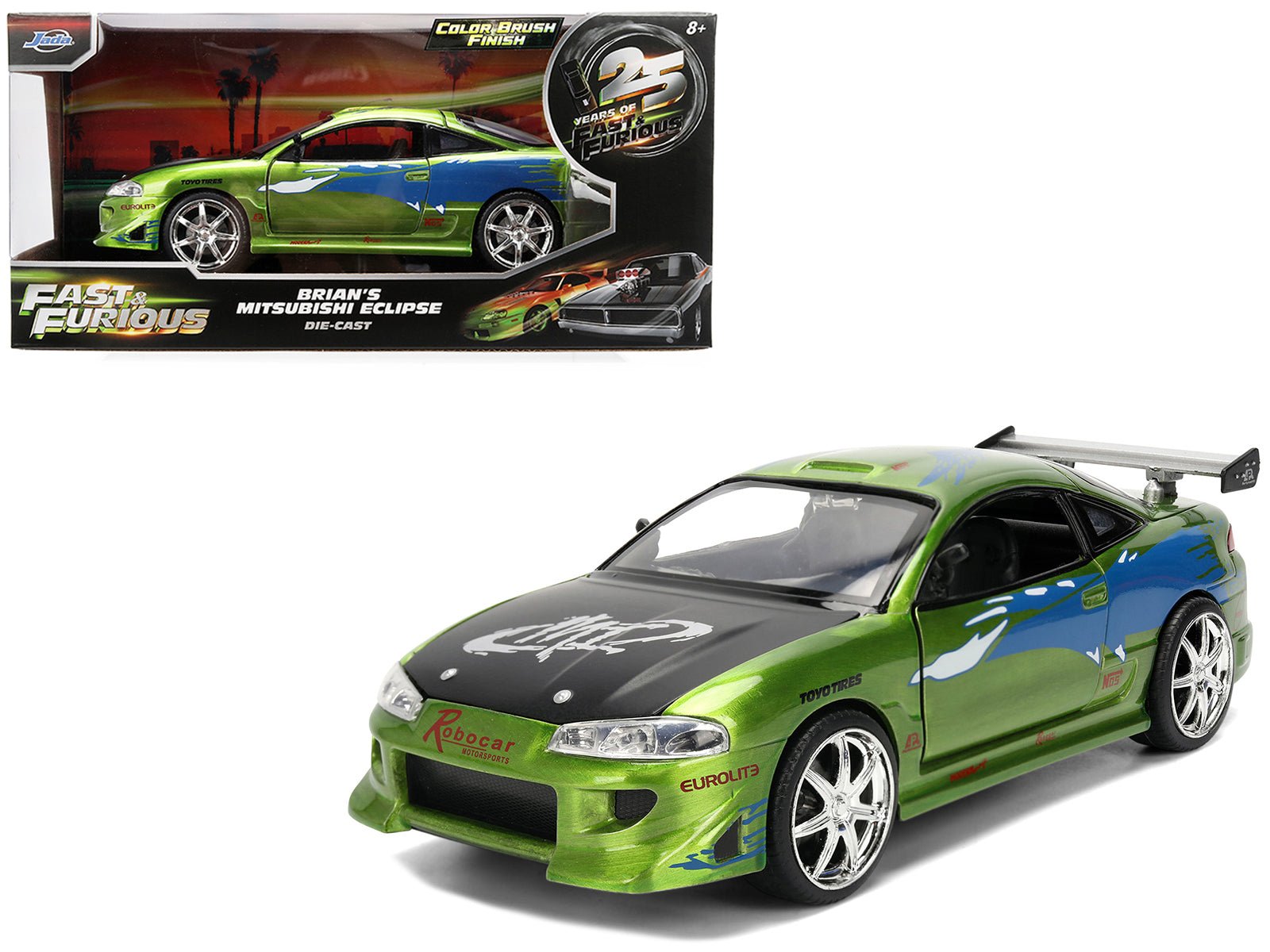 Brian's Mitsubishi Eclipse Green Brush Finish "The Fast and the Furious" (2001) Movie 25 Years of Fast & Furious Anniversary 1/24 Diecast Model Car by Jada free shipping USA - Rapid Vehicles