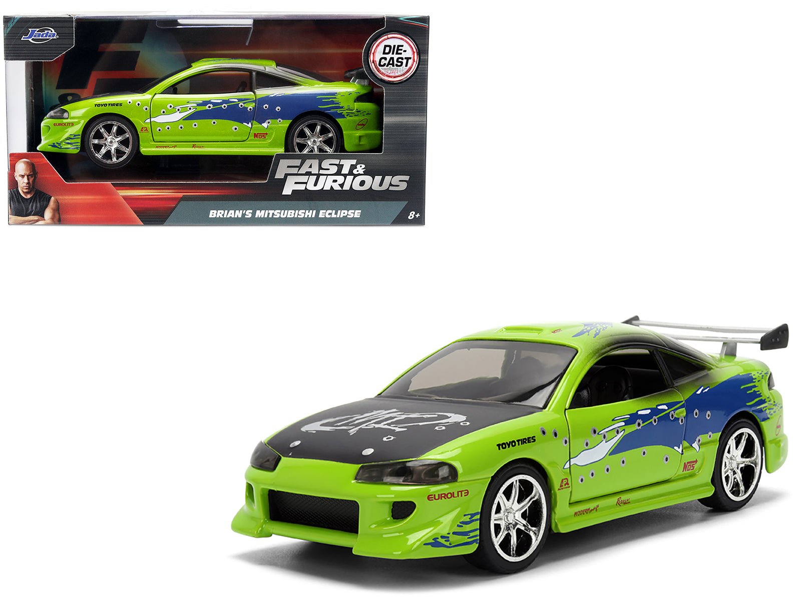 Brian's Mitsubishi Eclipse Green with Graphics (Damaged Version) "The Fast and the Furious" (2001) Movie "Fast & Furious" Series 1/32 Diecast Model Car by Jada free shipping USA - Rapid Vehicles