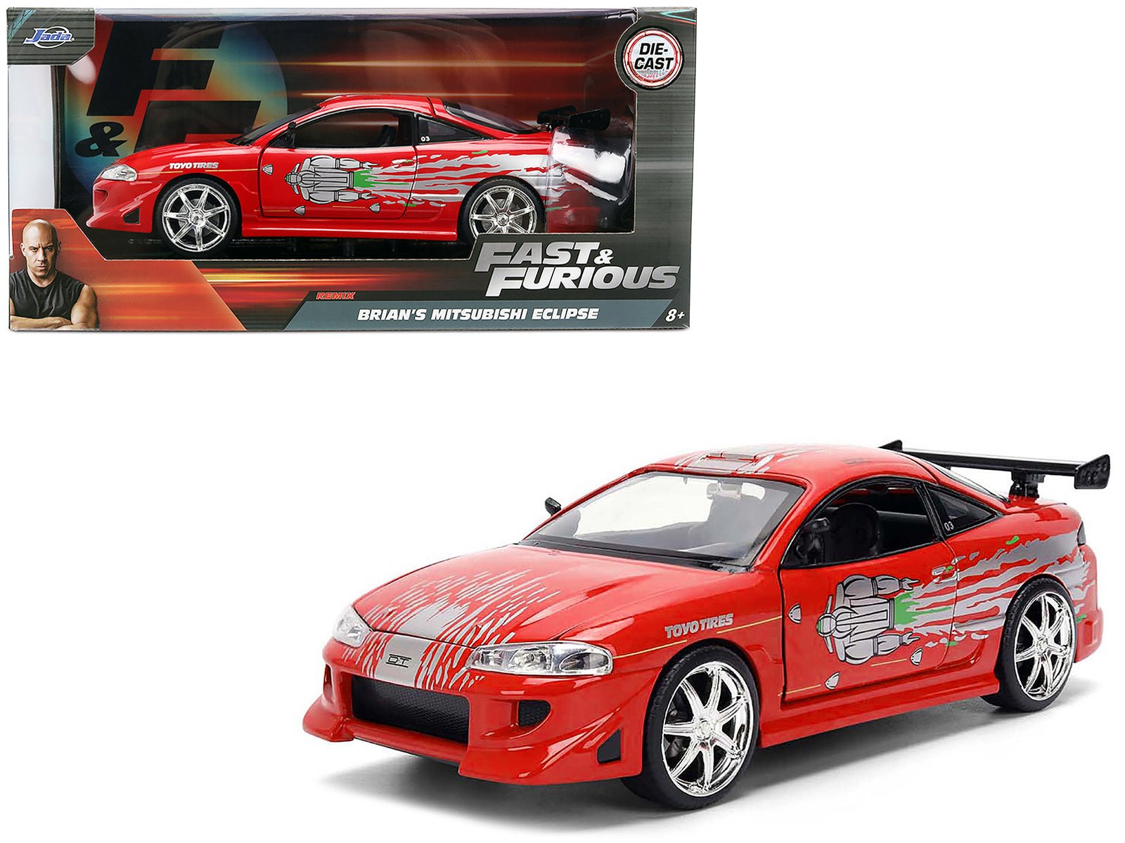 Brian's Mitsubishi Eclipse Red with Graphics Remix "The Fast and The Furious" (2001) Movie "Fast & Furious" Series 1/24 Diecast Model Car by Jada free shipping USA - Rapid Vehicles