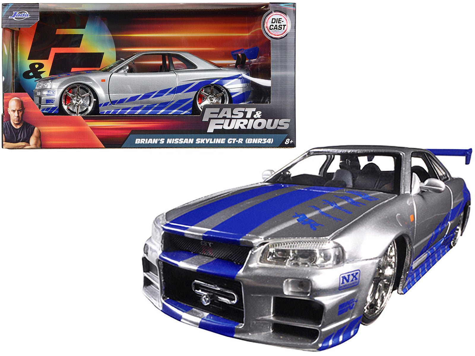 Brian's Nissan GTR Skyline R34 RHD (Right Hand Drive) Silver with Blue Stripes "Fast & Furious" Movie 1/24 Diecast Model Car by Jada free shipping USA - Rapid Vehicles