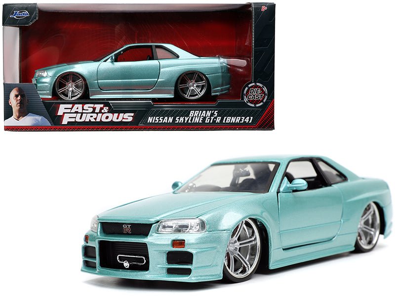 Brian's Nissan Skyline GT-R (BNR34) RHD (Right Hand Drive) Turquoise Metallic "Fast & Furious" Movie 1/24 Diecast Model Car by Jada free shipping USA - Rapid Vehicles