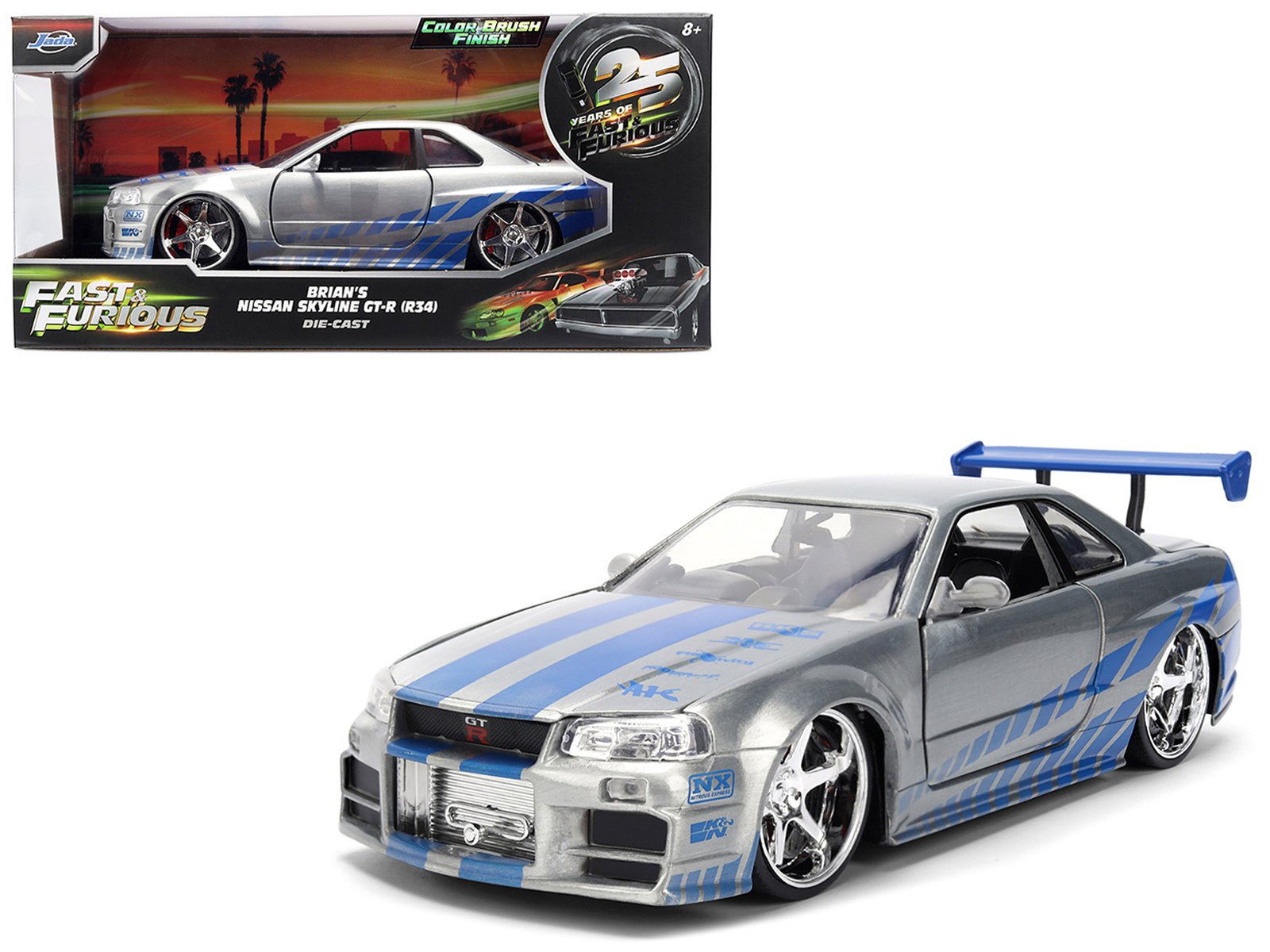 Brian's Nissan Skyline GT - R (R34) RHD (Right Hand Drive) Brush Finish "2 Fast 2 Furious" (2003) Movie 25 Years of Fast & Furious Anniversary 1/24 by Jada - Rapid Vehicles