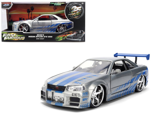 Brian's Nissan Skyline GT - R (R34) RHD (Right Hand Drive) Brush Finish "2 Fast 2 Furious" (2003) Movie 25 Years of Fast & Furious Anniversary 1/24 by Jada - Rapid Vehicles
