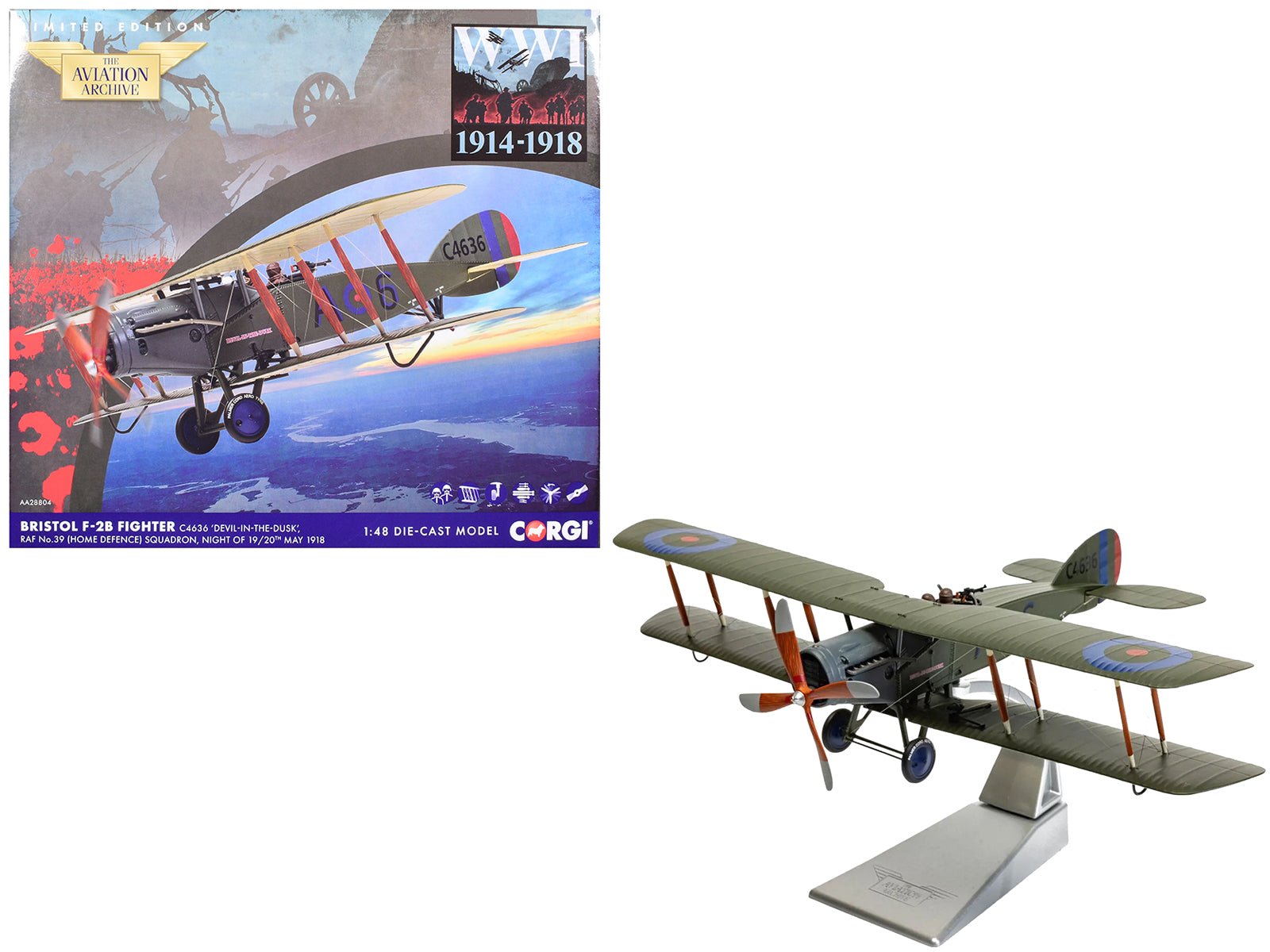 Bristol F - 2B Fighter Aircraft "C4636 Devil - in - the - Dusk No. 39 Squadron" (1918) Royal Flying Corps "The Aviation Archive" Series 1/48 Diecast Model by Corgi free shipping USA - Rapid Vehicles
