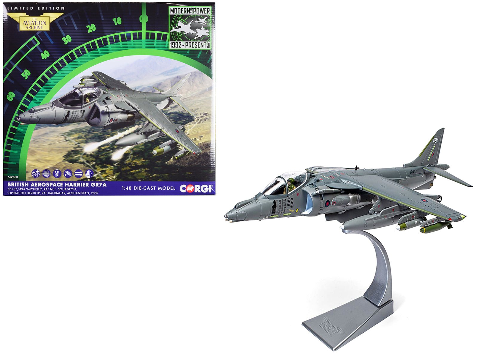 British Aerospace Harrier GR7A Aircraft "Michelle RAF No.1 Squadron Operation Herrick RAF Kandahar Afghanistan" (2007) Royal Air Force "The Aviation Archive" Series 1/48 Diecast Model by Corgi free shipping USA - Rapid Vehicles