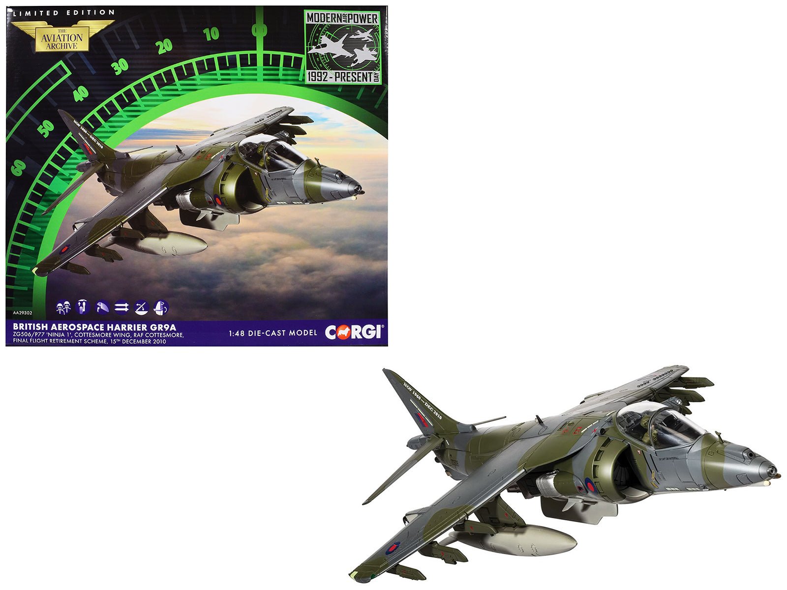 British Aerospace Harrier GR9A Aircraft "ZG506/P77 Ninja 1 RAF Cottesmore Final Flight Retirement Scheme" (2010) Royal Air Force "The Aviation Archive" Series 1/48 Diecast Model by Corgi free shipping USA - Rapid Vehicles