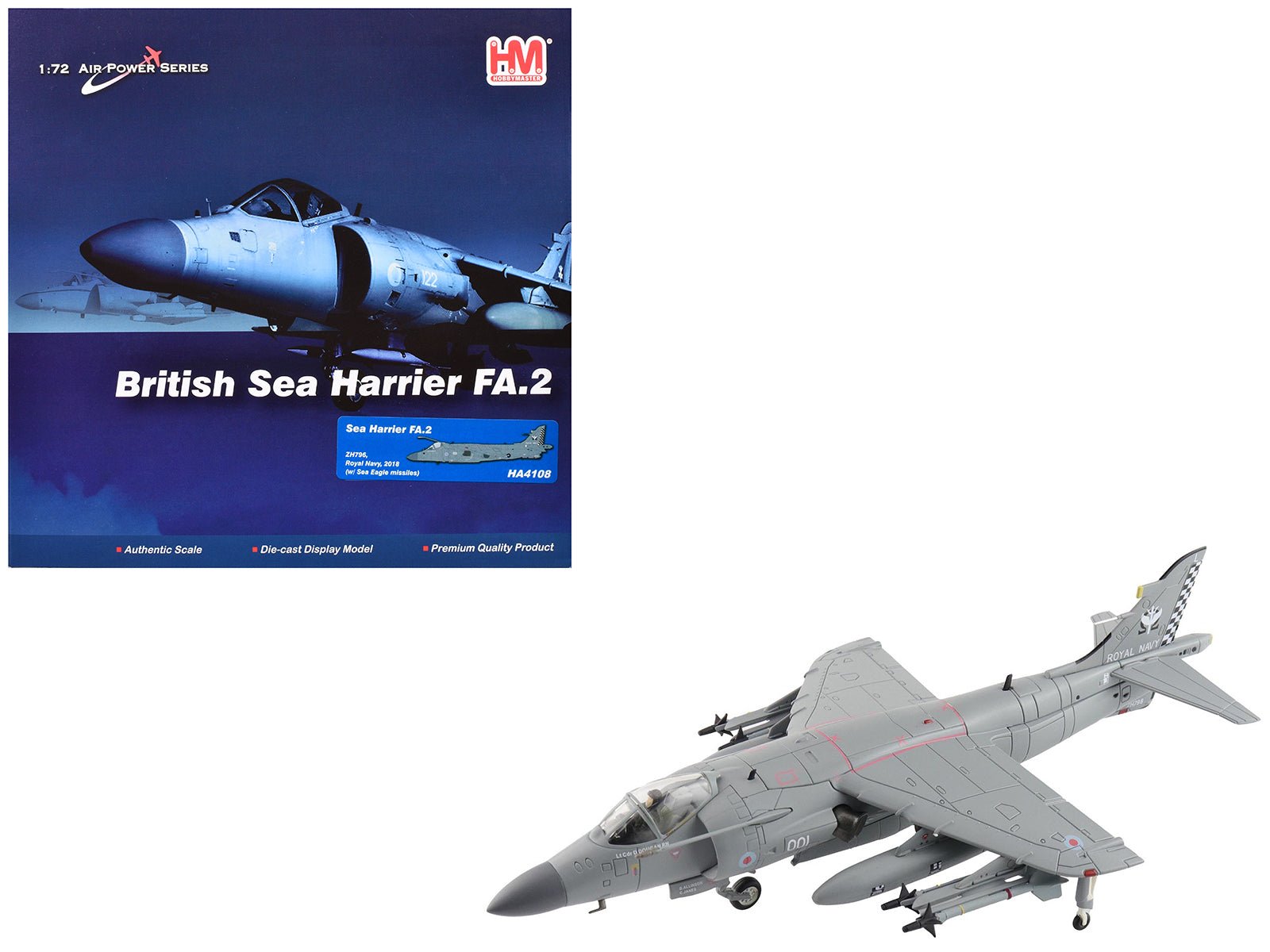 British Aerospace Sea Harrier FA.2 Aircraft with Sea Eagle Missiles "ZH796" (2018) British Royal Navy "Air Power Series" 1/72 Diecast Model by Hobby Master free shipping USA - Rapid Vehicles