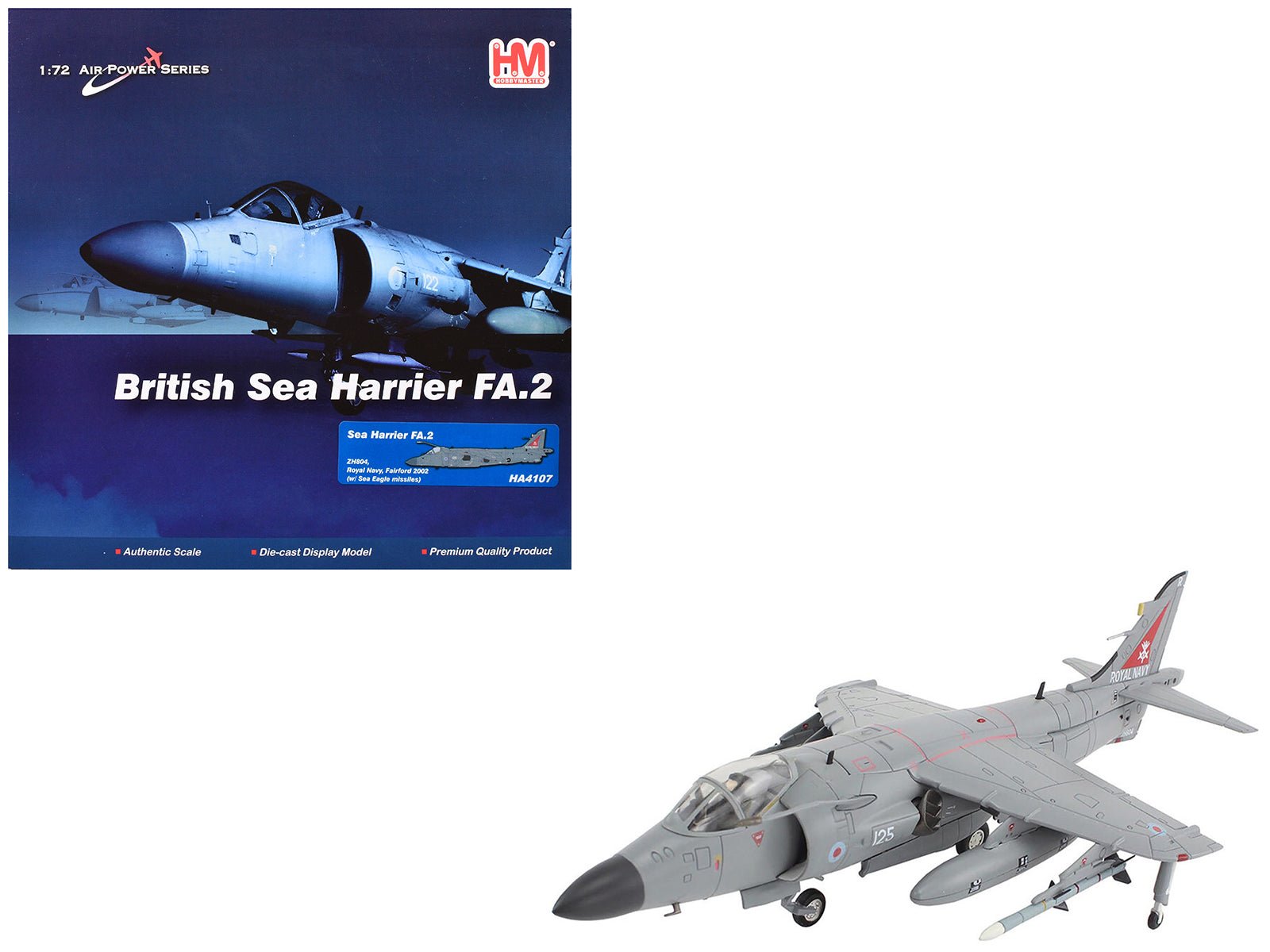 British Aerospace Sea Harrier FA.2 Aircraft with Sea Eagle Missiles "ZH804 Fairford" (2002) British Royal Navy "Air Power Series" 1/72 Diecast Model by Hobby Master free shipping USA - Rapid Vehicles