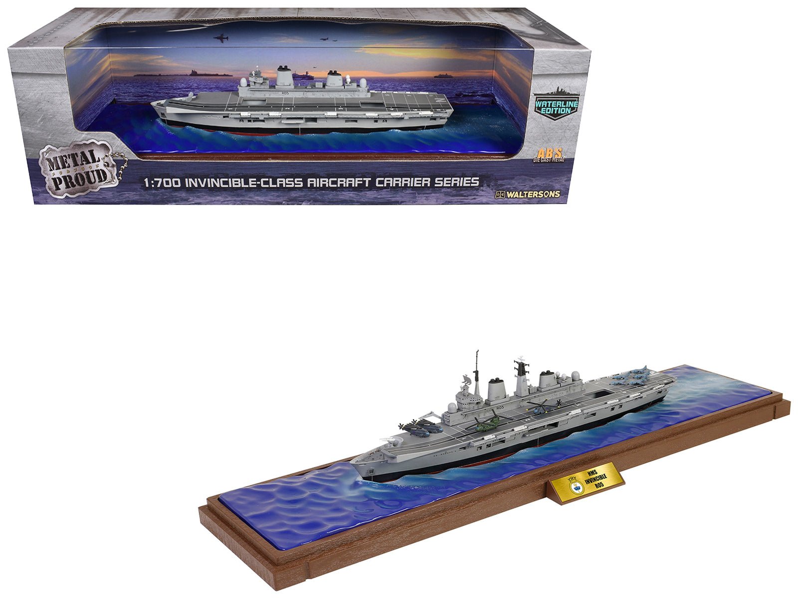 British HMS Invincible (R05) Aircraft Carrier Waterline Edition "Falklands War" (1982) British Royal Navy "Battleship" Series 1/700 Diecast Model by Metal Proud free shipping USA - Rapid Vehicles
