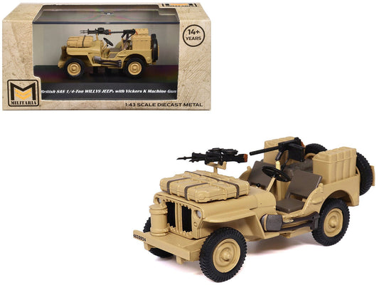 British SAS 1/4 - Ton Willys Jeep with Vickers K Machine Gun Desert Sand "British Royal Army" 1/43 Diecast Model by Militaria Die Cast free shipping USA - Rapid Vehicles