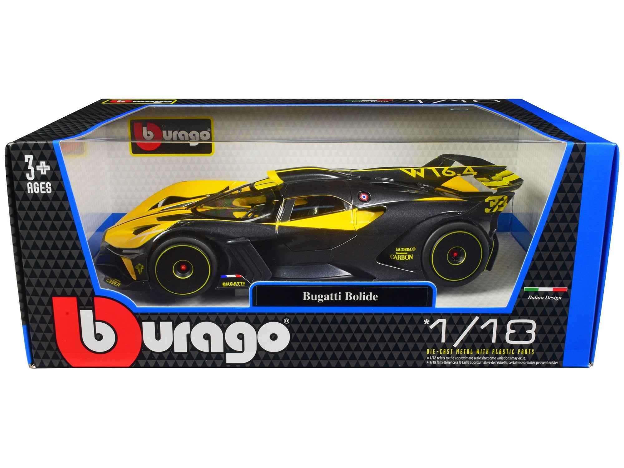 Bugatti Bolide Yellow and Carbon Gray 1/18 Diecast Model Car by Bburago - Rapid Vehicles
