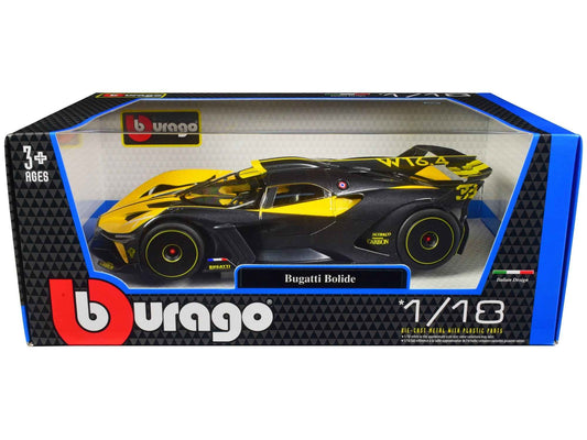 Bugatti Bolide Yellow and Carbon Gray 1/18 Diecast Model Car by Bburago - Rapid Vehicles