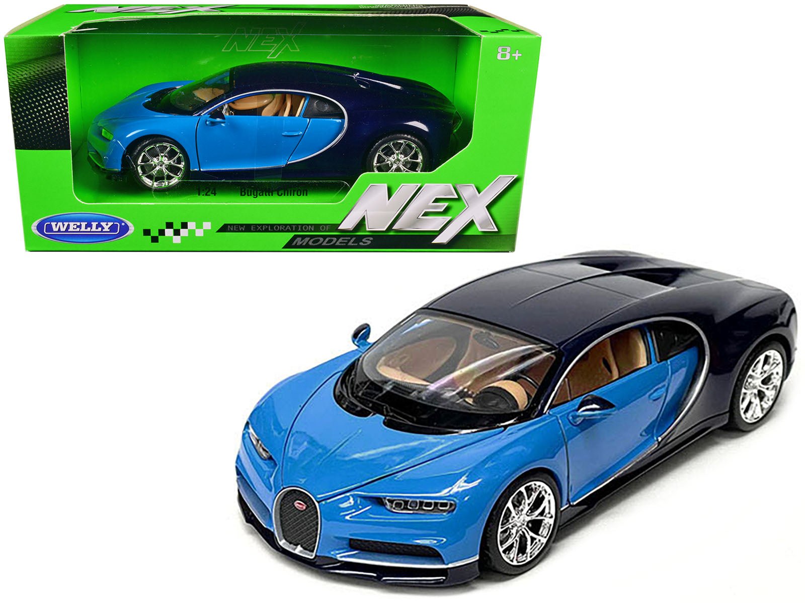 Bugatti Chiron Blue and Dark Blue Two - Tone "NEX Models" Series 1/24 Diecast Model Car by Welly free shipping USA - Rapid Vehicles