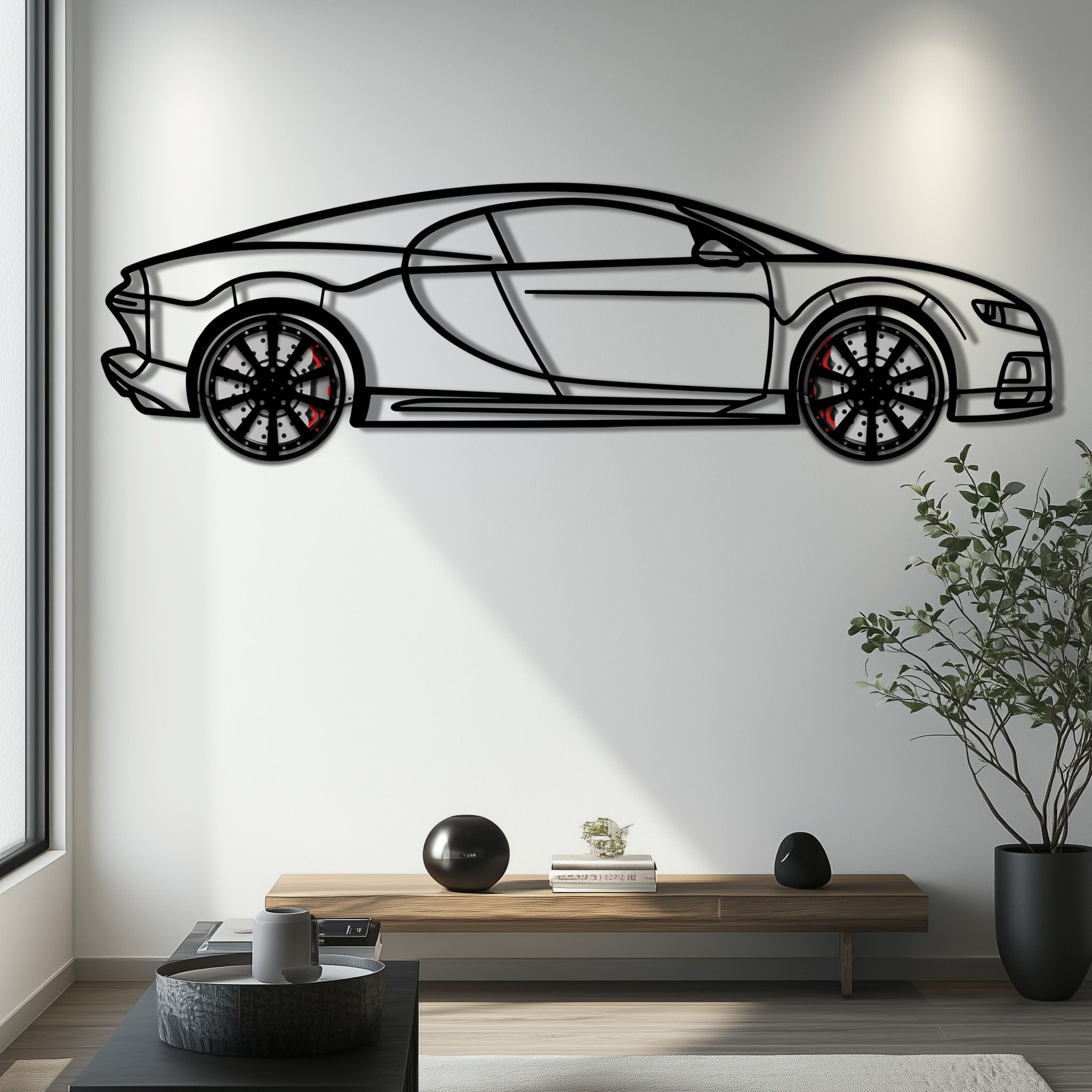 Bugatti Chiron Metal Car Wall Art with Rotating Wheels - Ultimate Hypercar Silhouette Decor - Interactive Automotive Wall Art - KAFMEKA116 - Rapid Vehicles