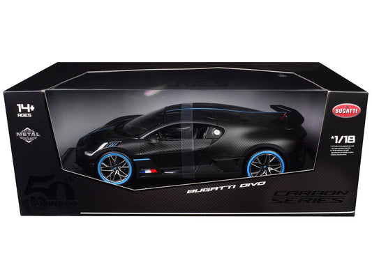 Bugatti Divo Carbon Fiber with Blue Accents "Carbon Series - Bburago 50th Anniversary" 1/18 Diecast Model Car by Bburago free shipping USA - Rapid Vehicles