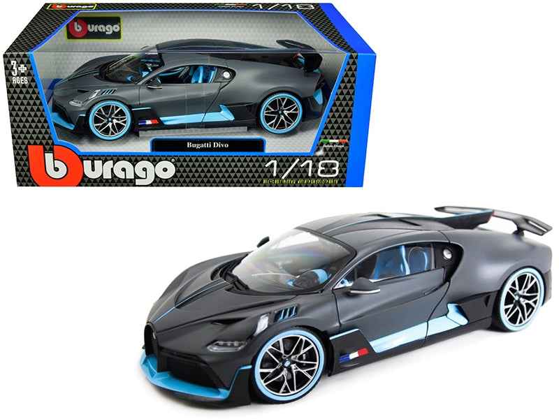 Bugatti Divo Matt Gray with Blue Accents 1/18 Diecast Model Car by Bburago - Rapid Vehicles
