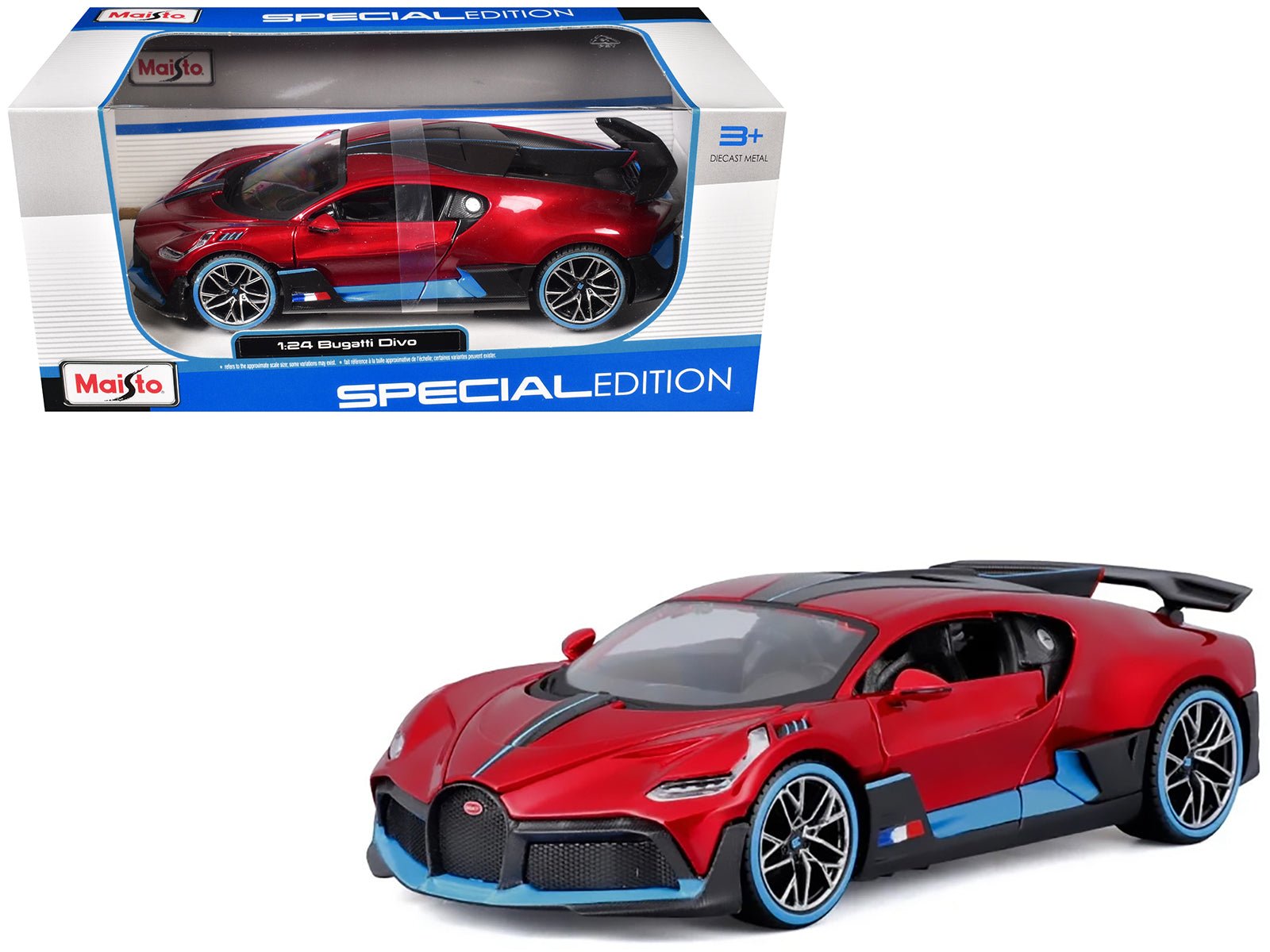 Bugatti Divo Red Metallic with Carbon and Blue Accents "Special Edition" 1/24 Diecast Model Car by Maisto free shipping USA - Rapid Vehicles