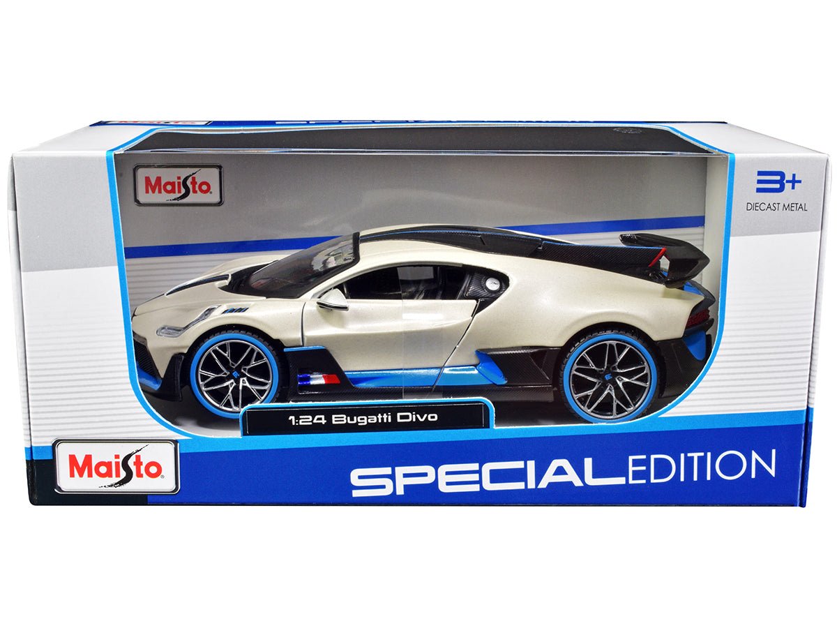Bugatti Divo Satin White Metallic with Carbon and Blue Accents "Special Edition" 1/24 Diecast Model Car by Maisto free shipping USA - Rapid Vehicles