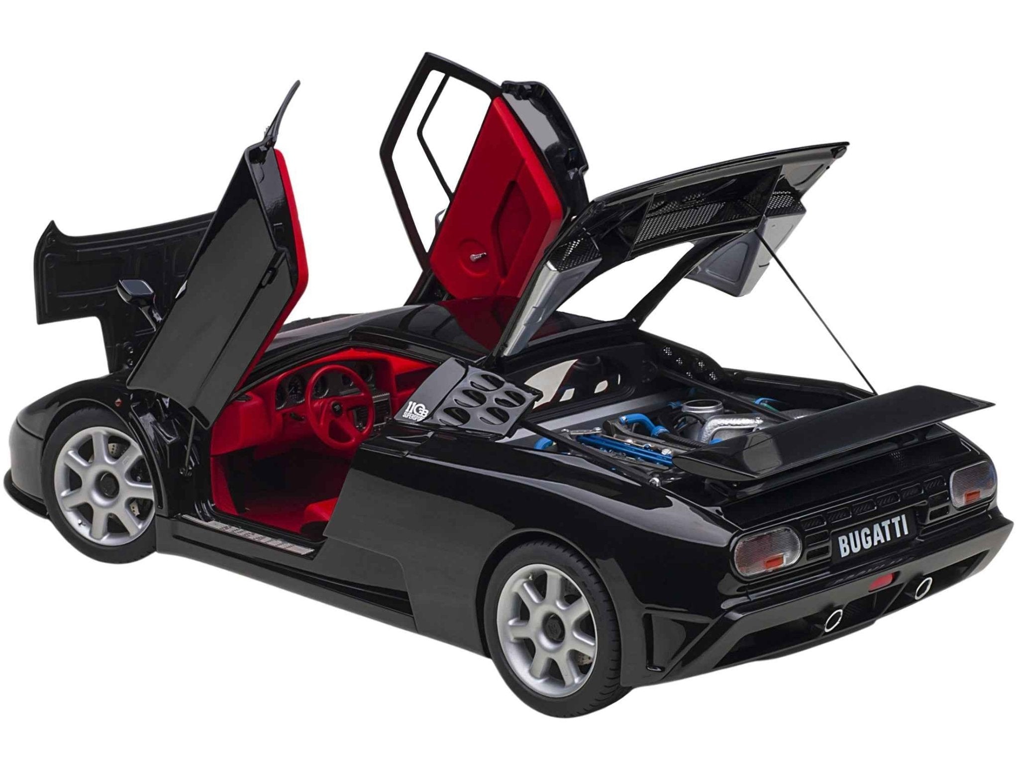 Bugatti EB110 SS Super Sport Nero Vernice Black with Red Interior and Silver Wheels 1/18 Model Car by Autoart - Rapid Vehicles