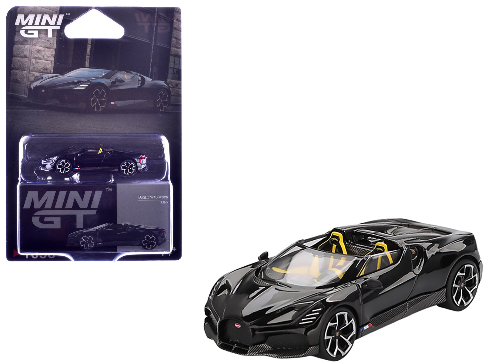 Bugatti W16 Mistral Black with Yellow Interior Limited Edition 1/64 Diecast Model Car by Mini GT free shipping USA - Rapid Vehicles