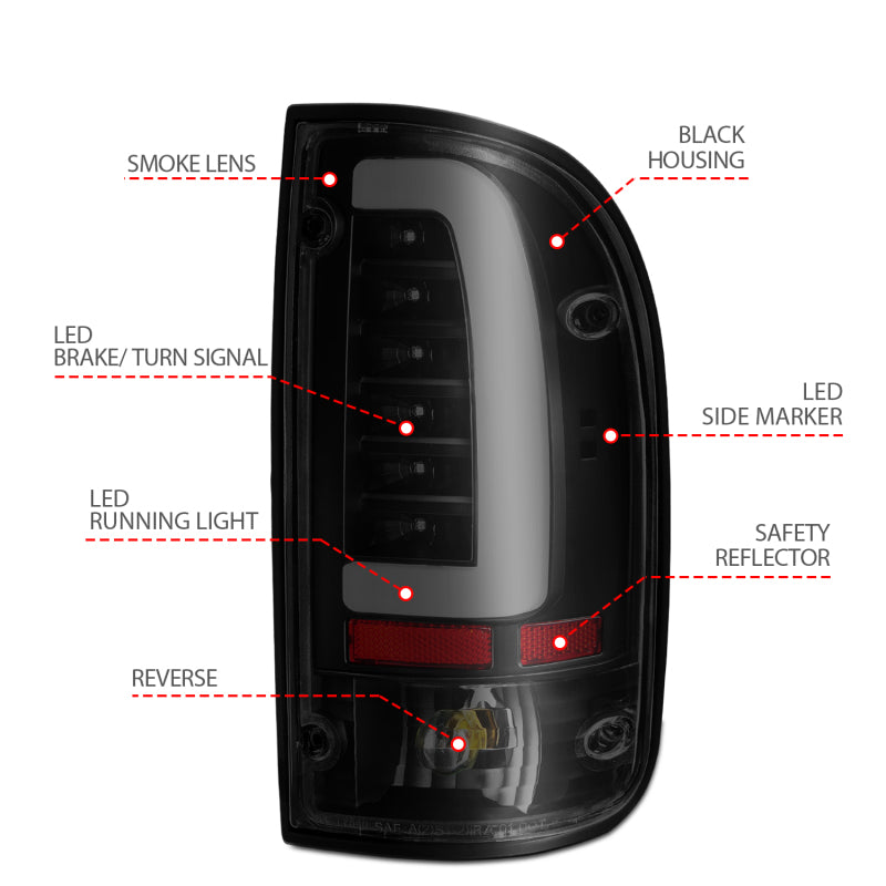 ANZO 1995-2000 Toyota Tacoma LED Taillights Black Housing Smoke Lens (Pair) 311354