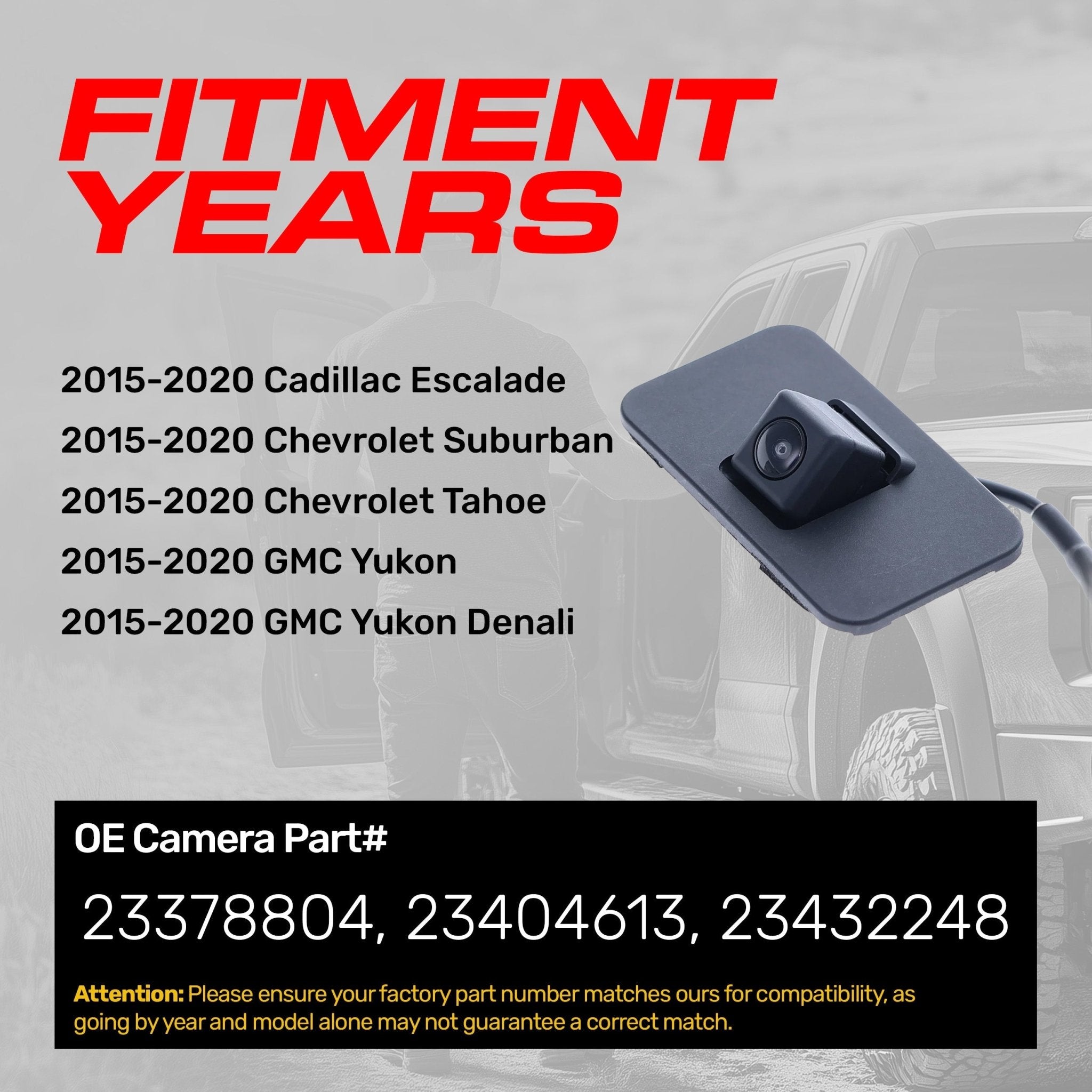 Cadillac Escalade (2015-2020) / Chevrolet Suburban (2015-2020), Tahoe (2015-2020) / GMC Yukon (2015-2020), Yukon Denali (2015-2020) OEM Replacement Backup Camera OE Part  23378804, 23404613, 23432248 - Rapid Vehicles