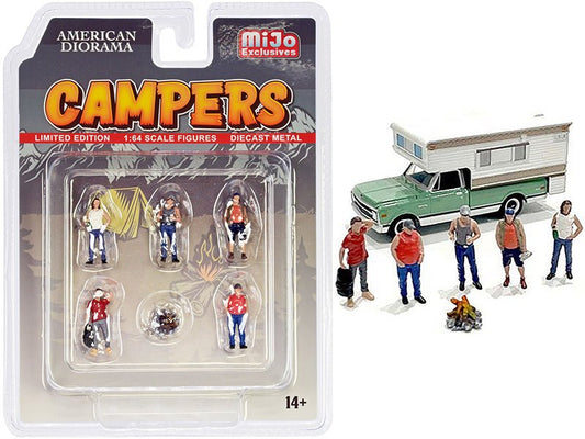 "Campers" 6 piece Diecast Set (5 Figurines and 1 Accessory) for 1/64 Scale Models by American Diorama free shipping USA - Rapid Vehicles