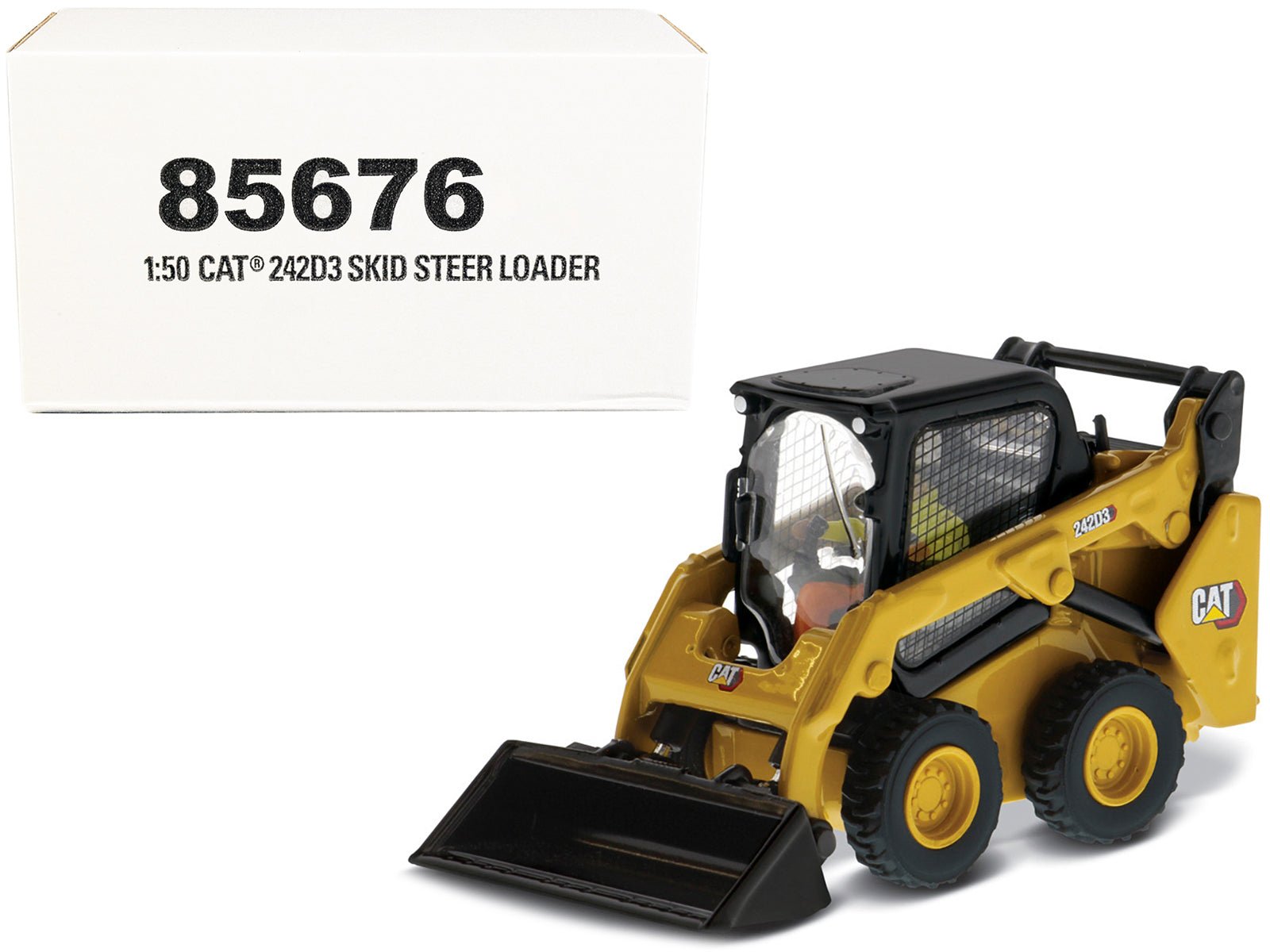 CAT Caterpillar 242D3 Wheeled Skid Steer Loader with Work Tools and Operator Yellow "High Line Series" 1/50 Diecast Model by Diecast Masters free shipping USA - Rapid Vehicles