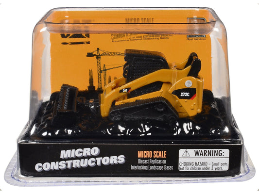 CAT Caterpillar 272C Compact Track Loader with Broom Yellow "Micro-Constructor" Series Diecast Model by Diecast Masters free shipping USA - Rapid Vehicles
