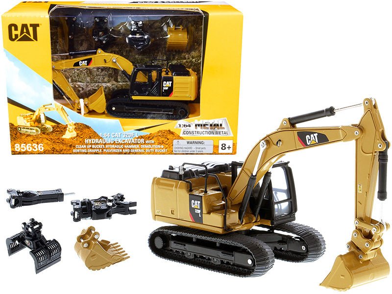 CAT Caterpillar 320F L Hydraulic Tracked Excavator with 5 Work Tools "Play & Collect!" 1/64 Diecast Model by Diecast Masters free shipping USA - Rapid Vehicles