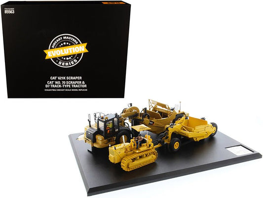 CAT Caterpillar 621K Tractor Scraper and CAT Caterpillar D7 Track - Type Tractor with No. 70 Scraper Set "Evolution Series" 1/50 Diecast Models by Diecast Masters free shipping USA - Rapid Vehicles