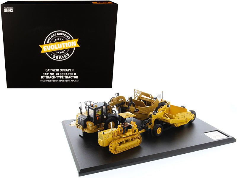 CAT Caterpillar 621K Tractor Scraper and CAT Caterpillar D7 Track - Type Tractor with No. 70 Scraper Set "Evolution Series" 1/50 Diecast Models by Diecast Masters free shipping USA - Rapid Vehicles