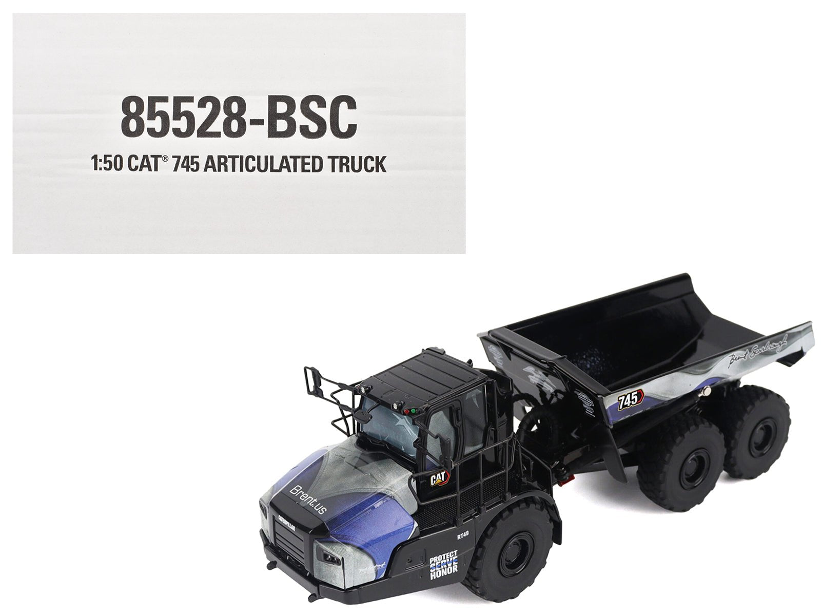 CAT Caterpillar 745 Articulated Dump Truck "Brent Scarbrough & Co. - Back the Blue" Black with Graphics "High Line" Series 1/50 Diecast Model by Diecast Masters free shipping USA - Rapid Vehicles