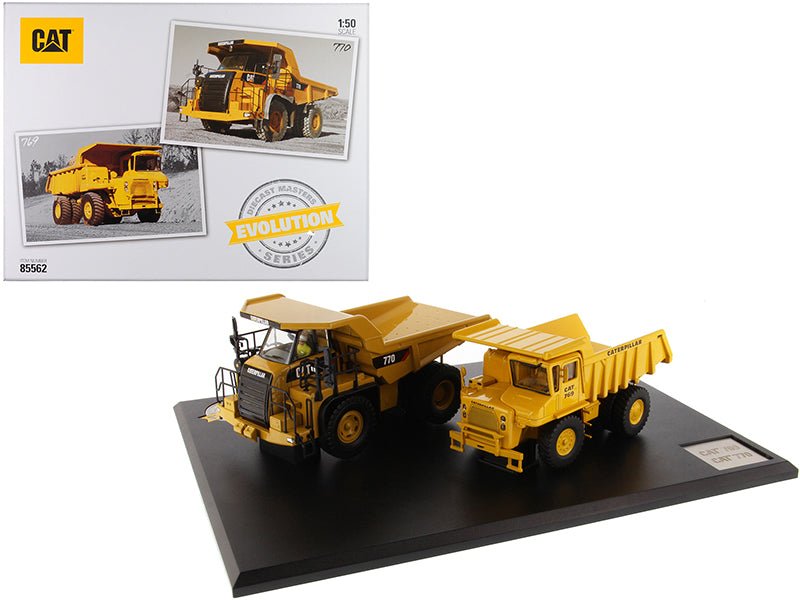 CAT Caterpillar 769 Off-Highway Truck (1963-2006) and CAT Caterpillar 770 Off-Highway Truck (2007-Present) with Operators "Evolution Series" Set of 2 pieces 1/50 Diecast Models by Diecast Masters free shipping USA - Rapid Vehicles
