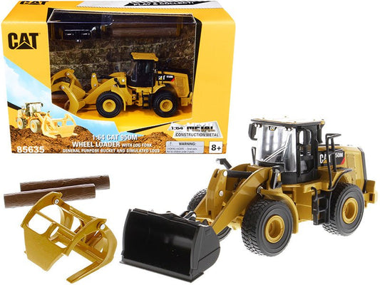CAT Caterpillar 950M Wheel Loader with Bucket and Log Fork with Two Log Poles "Play & Collect!" 1/64 Diecast Model by Diecast Masters free shipping USA - Rapid Vehicles