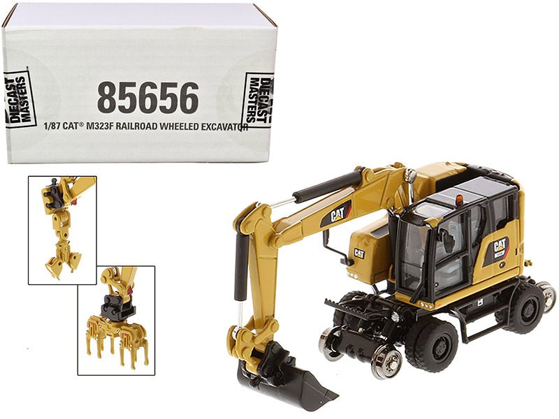 CAT Caterpillar M323F Railroad Wheeled Excavator with 3 Accessories (CAT Yellow Version) "High Line" Series 1/87 (HO) Scale Diecast Model by Diecast Masters free shipping USA - Rapid Vehicles