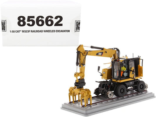 CAT Caterpillar M323F Railroad Wheeled Excavator with Operator and 3 Work Tools (CAT Yellow Version) "High Line Series" 1/50 Diecast Model by Diecast Masters free shipping USA - Rapid Vehicles