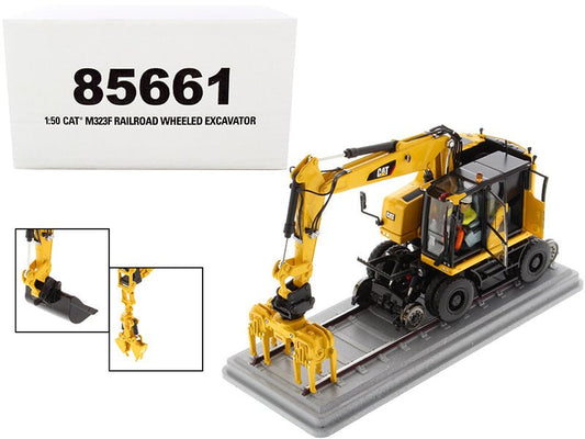 CAT Caterpillar M323F Railroad Wheeled Excavator with Operator and 3 Work Tools Safety Yellow Version "High Line Series" 1/50 Diecast Model by Diecast Masters free shipping USA - Rapid Vehicles