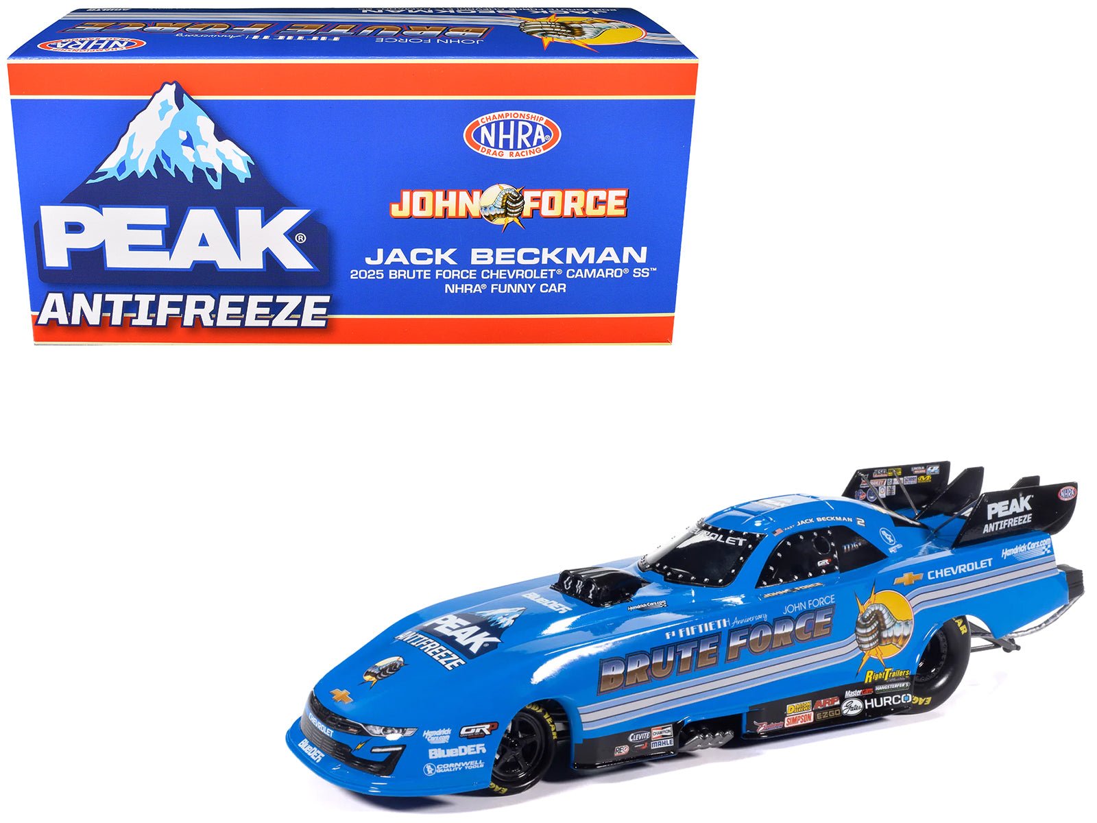 Chevrolet Camaro SS NHRA Funny Car Jack Beckman "Brute Force Tribute" (2025) "John Force Racing" Limited Edition 1/24 Diecast Model by Auto World free shipping USA - Rapid Vehicles