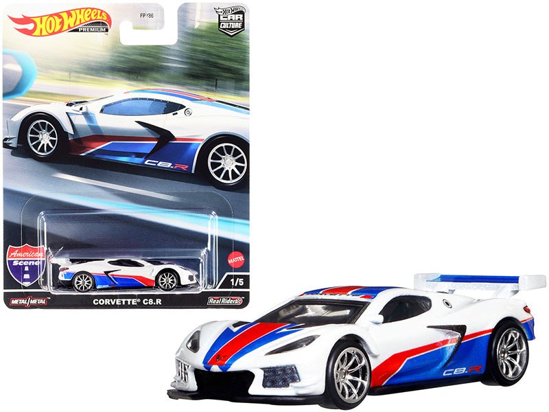 Chevrolet Corvette C8.R Pearl White with Red and Blue Stripes "American Scene" "Car Culture" Series Diecast Model Car by Hot Wheels free shipping USA - Rapid Vehicles
