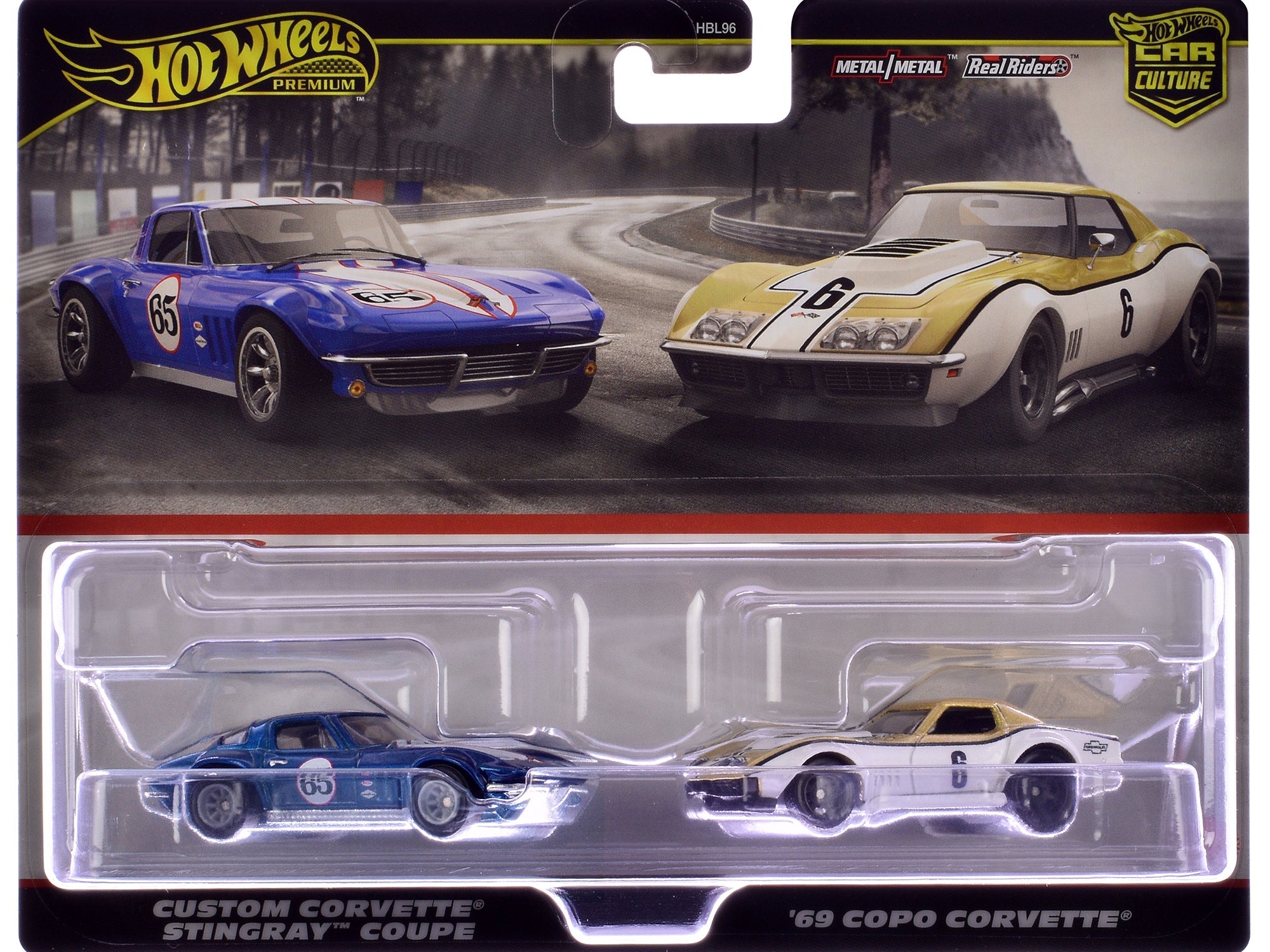 Chevrolet Custom Corvette Stingray Coupe 65 Blue Metallic with White Stripes and 1969 Chevrolet COPO Corvette 6 Gold Metallic and White "Car Culture" Set of 2 Cars Diecast Model Cars by Hot Wheels free shipping USA - Rapid Vehicles