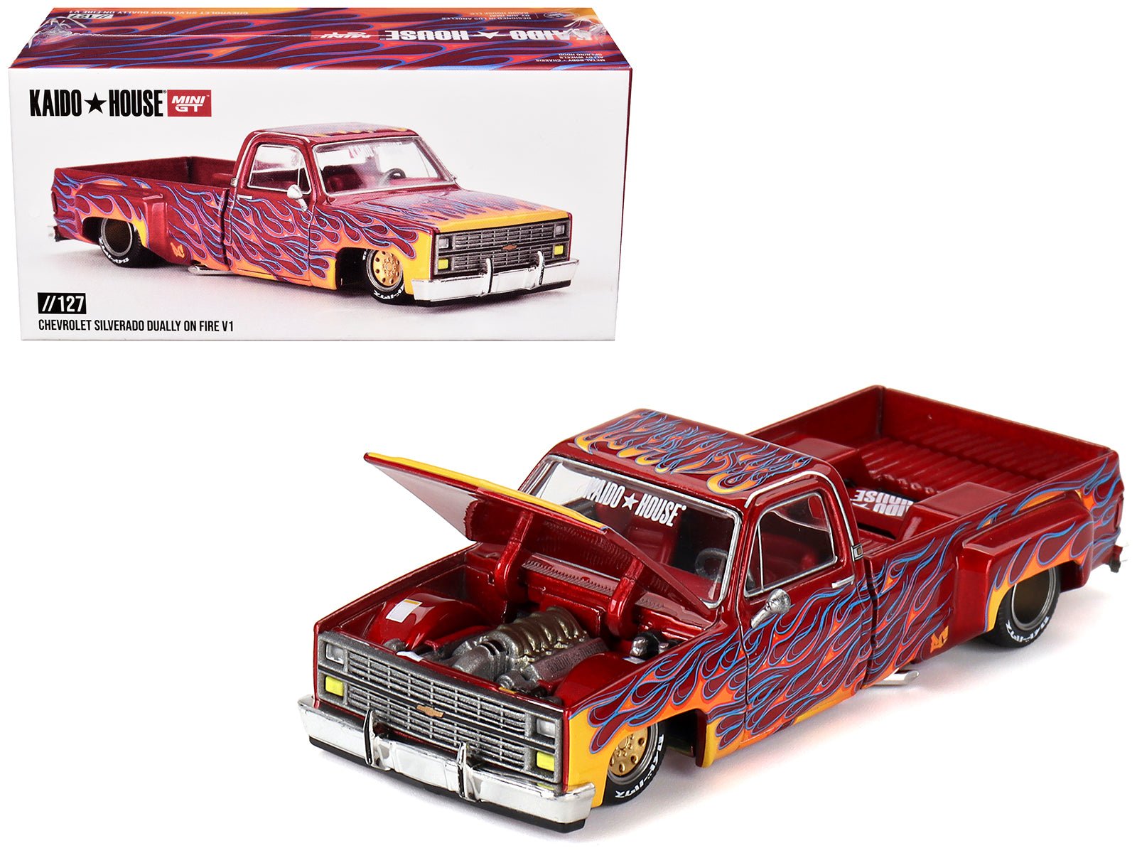 Chevrolet Silverado Dually Pickup Truck "On Fire V1" Red Metallic with Flames and Red Interior (Designed by Jun Imai) "Kaido House" Special 1/64 Diecast Model Car by Mini GT free shipping USA - Rapid Vehicles