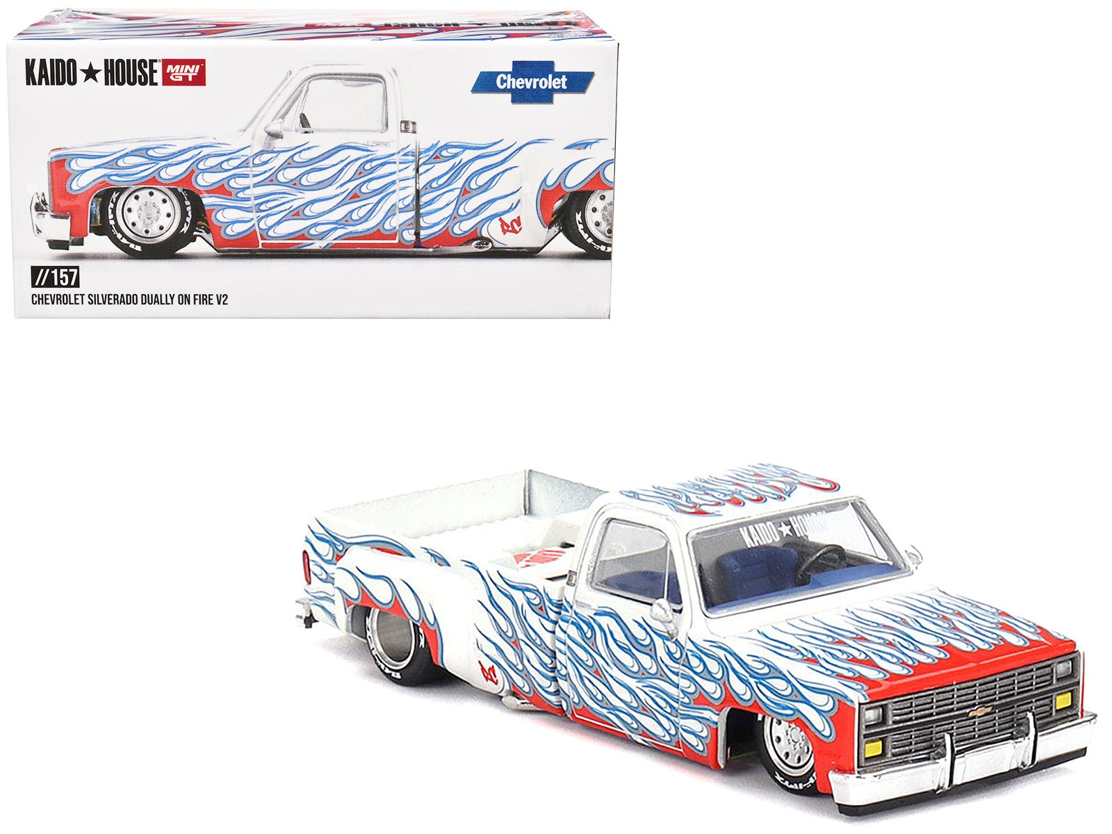 Chevrolet Silverado Dually Pickup Truck "On Fire V2" White Metallic with Blue Flames and Blue Interior (Designed by Jun Imai) "Kaido House" Special 1/64 Diecast Model Car by Mini GT free shipping USA - Rapid Vehicles
