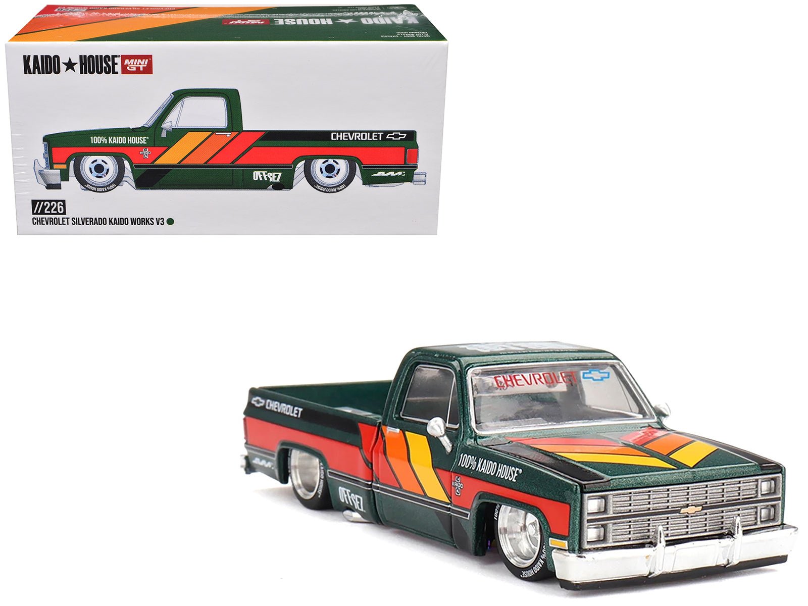 Chevrolet Silverado Pickup Truck "Kaido Works V3" Dark Green Metallic with Graphics (Designed by Jun Imai) "Kaido House" Special 1/64 Diecast Model Car by Mini GT free shipping USA - Rapid Vehicles