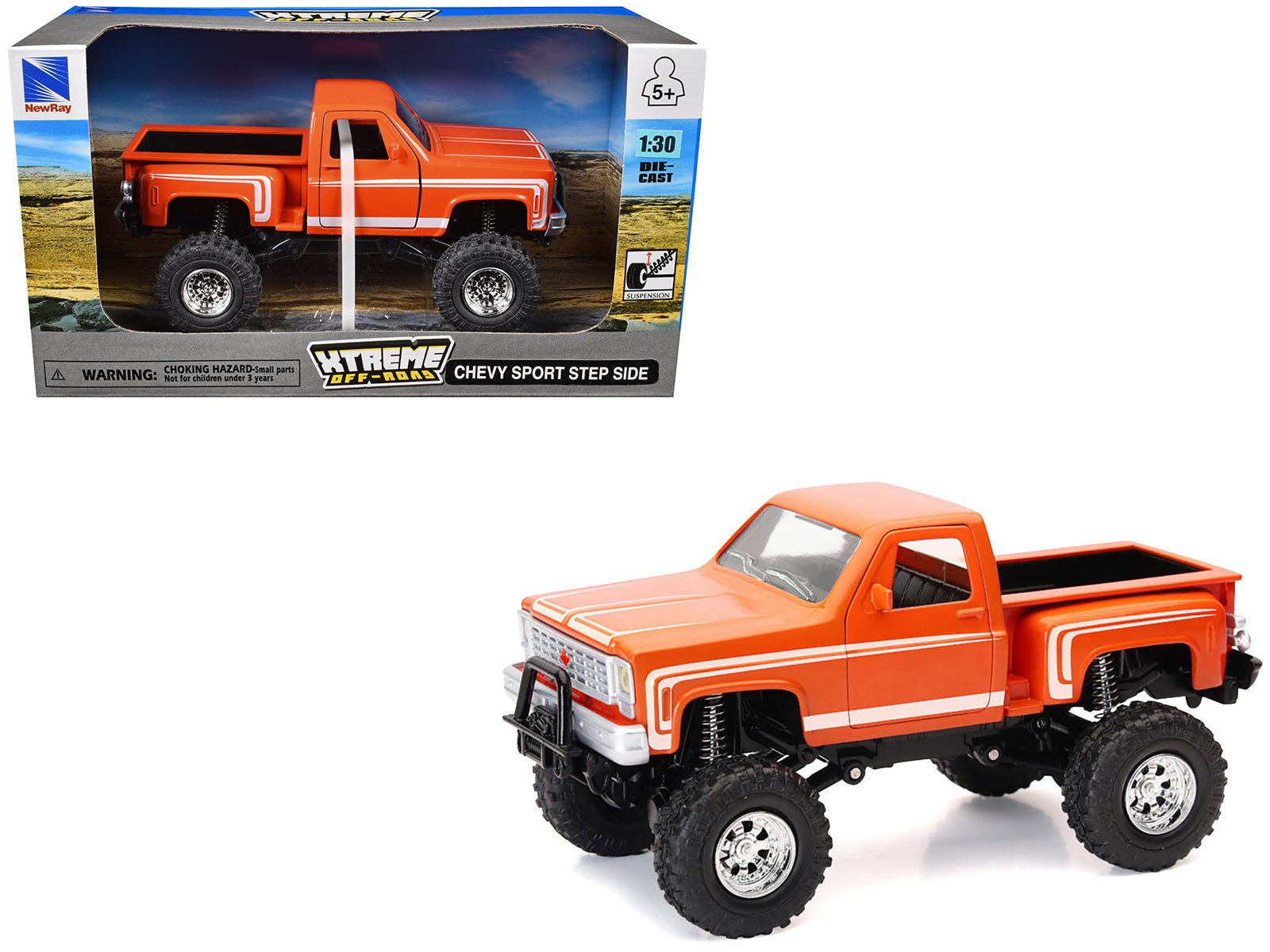 Chevrolet Sport Step Side Pickup Truck Orange with White Graphics "Xtreme Off - Road" Series 1/30 Diecast Model by New Ray free shipping USA - Rapid Vehicles