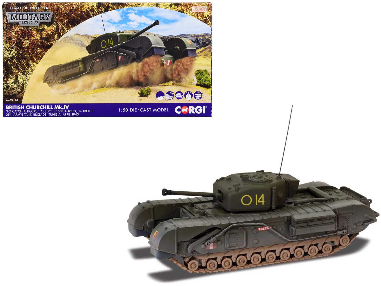 Churchill Mk.IV Tank "'To Catch a Tiger' 'Toledo' C Squadron 14 Troop 21st Army Tank Brigade Tunisia" (1943) British Royal Army "Military Legends" Series 1/50 Diecast Model by Corgi free shipping USA - Rapid Vehicles