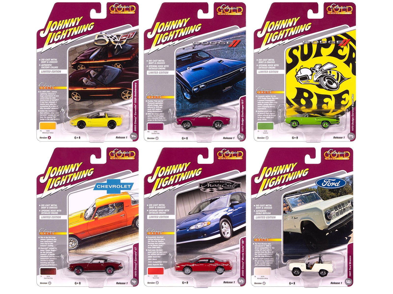 "Classic Gold Collection" 2025 Release 1 Set A of 6 Cars 1/64 Diecast Model Cars by Johnny Lightning free shipping USA - Rapid Vehicles
