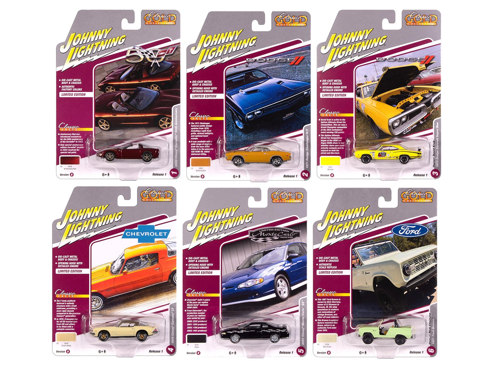 "Classic Gold Collection" 2025 Release 1 Set B of 6 Cars 1/64 Diecast Model Cars by Johnny Lightning free shipping USA - Rapid Vehicles
