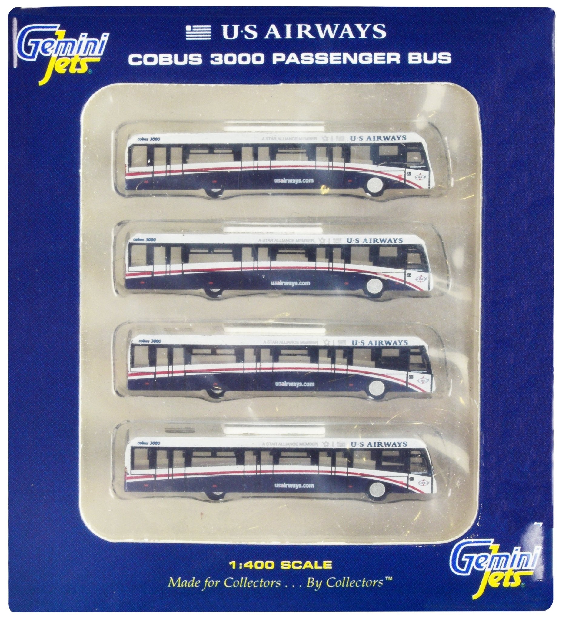 Cobus 3000 Passenger Bus White and Blue "US Airways Shuttle Bus" 4 Piece Set 1/400 Diecast Models by GeminiJets free shipping USA - Rapid Vehicles